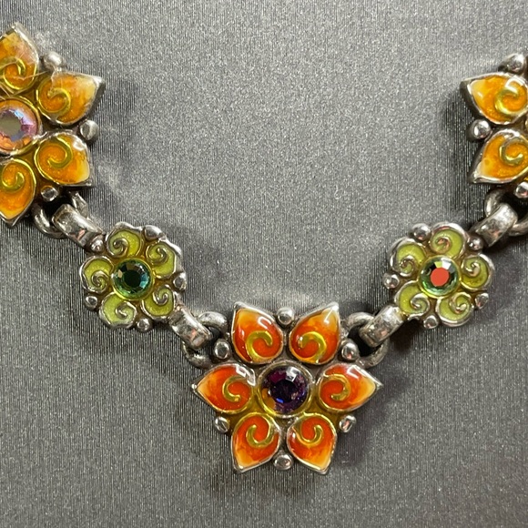 Vintage Retired Brighton Enamel Flowers & Ab Rhinestones 16-19” Necklace 1 owner - Picture 2 of 8
